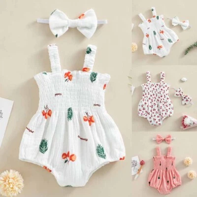 2PCS Newborn Baby Girl Clothes Romper Ruffle Junmer Tops Headband Outfits Sets - Image 1 of 4