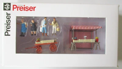Figuras de mercado de vendedores ambulantes HO Preiser 10053 con puesto y vagón cargado  Foto 1 de 3
