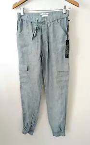 NWT Nicole Miller Womens Pants S 100% Linen Cargo Jogger Blue Tapered Utility - Picture 1 of 8