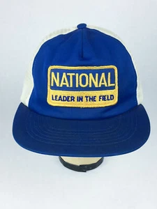 VINTAGE Trucker Hat Blue White Snapback National Leader in the Field 80s - Picture 1 of 9