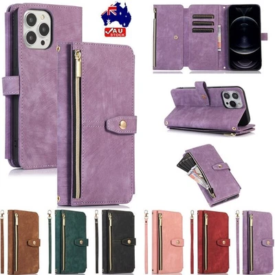 For iPhone 17 16e 15 14 13 12 Pro Max 8 7 Zipper Leather Wallet Case Flip Cover - Image 1 of 4