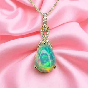 Natural Opal & Diamond Necklace in 10K Gold -18" - 1.78CT Rainbow Necklace -1.4g - Picture 1 of 24