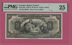 ECUADOR  20 SUCRES 1941 HD  PICK # 93b PMG 25 VERY FINE. - Picture 1 of 2