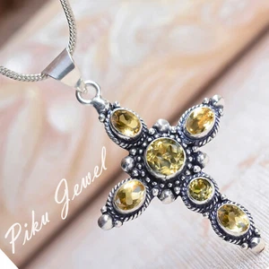 Citrine Topaz Multi Gemstone 925 Sterling Silver Cross Pendant Unisex Jewelry - Picture 1 of 6