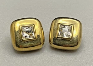 Pendientes de clip vintage firmados SWAROVSKI cojín cristal cuadrado tono dorado - Imagen 1 de 5