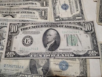 1934A $10 Silver Certificate Print Shift Error,green seal, sign defect, per bck - Image 1 of 4