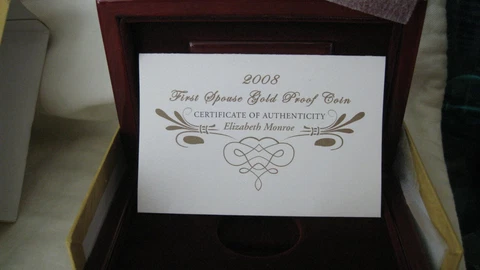 US Mint Box & COA  2008 $10 Gold Proof FIRST Spouse Elizabeth Monroe NO COINS Cover
