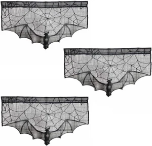 3 pcs Black Lace Halloween Gothic Bat Window Curtain Spider Web Bats Witch Door - Picture 1 of 7