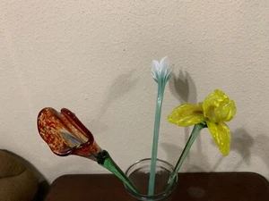 Erpet Praha Blown Crystal Glass Flowers Long Stem 18" Lot Of 3 Czech Republic - Picture 1 of 15