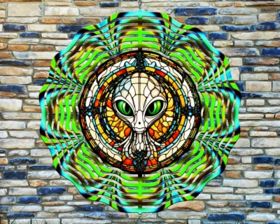 10" Alien UFO Stained Glass Wind Spinner Yard Decor 3D Garden Aluminum rws-177 - Image 1 of 2