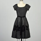 XS 1950s Sukienka Czarna Taffeta Aksamit Kwiatowy obszycie