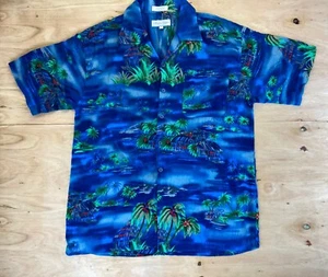 Eighty Eight Hawaiian Shirt Mens Medium Blue Aloha Button Up Rayon Palm Trees - Picture 1 of 6