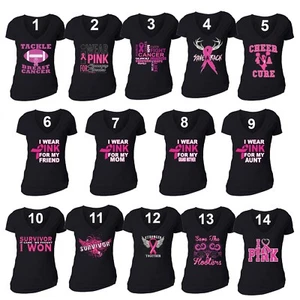 Breast Cancer awareness PINK Ribbon survivor support, Women Vneck T-shirt shirt - Picture 1 of 16