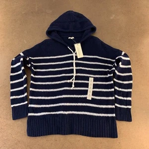 Sonoma Womens Honeycomb Pullover Sweater Navy White Stripe Knit Hooded L New - Picture 1 of 9