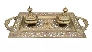 Tiffany & Co 1864 Solid Brass Inkwell – Hinged Lids, Dragon Handles, Antique - Picture 1 of 17