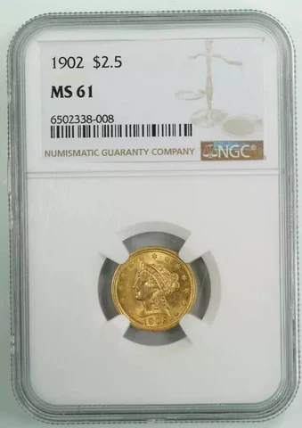 1902 LIBERTY HEAD GOLD QUARTER EAGLE $2.50 NGC CERTIFIED MS 61 MINT UNC (008) Cover
