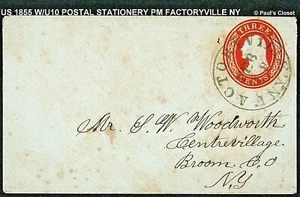 1855 COVER W/U10 POSTAL STATIONERY DIAL HAND STAMPED CANCEL PM FACTRYV NY - Picture 1 of 2