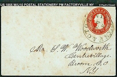 1855 COVER W/U10 POSTAL STATIONERY DIAL HAND STAMPED  CANCEL PM FACTRYV NY  - Image 1 of 2