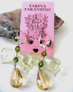 Tarina Tarantino Earrings Green Crystal Peridot Bow Lucite Silver Leverbacks New - Picture 1 of 14