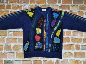 Carlo Colucci Vintage Pullover Bunte Comic Elephants Navy Blue Size M Tip Top - Picture 1 of 7