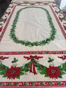 Christmas/Holiday Tablecloth Linen - 98" x 60" | Attractive Poinsettia Pattern - Picture 1 of 4