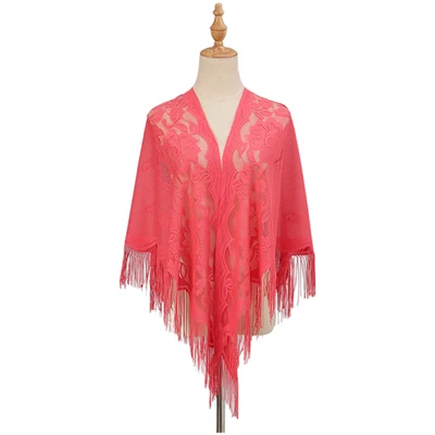 Bufanda triangular chal de encaje de poliéster transpirable para mujer con diseño de flecos de borla Foto 1 de 4