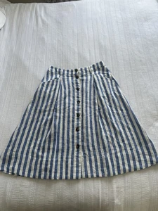 Boden White Blue Stripe 100% Linen Button Down Midi Skirt Size 14 Petite Pockets - Picture 1 of 12