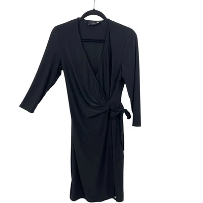 Black Label by Evan Picone Faux Wrap Dress Size 10 Black Slinky knit 3/4 sleeve - Image 1 of 4