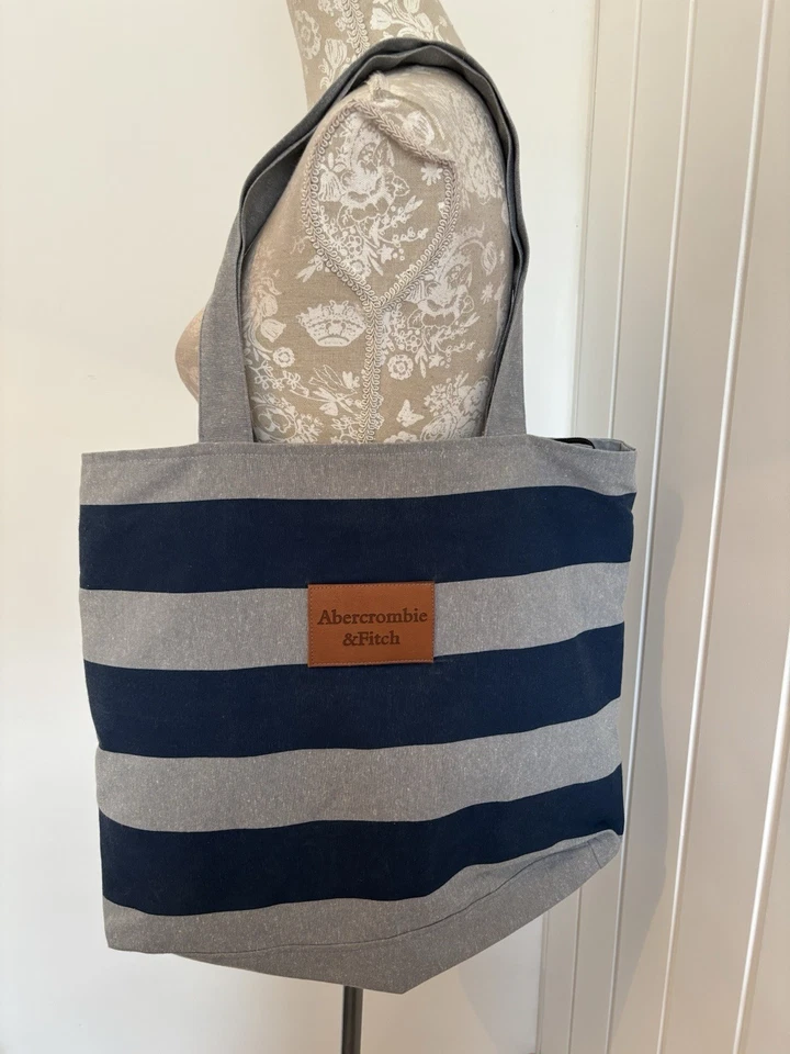 Abercrombie &Fitch Canvas Grey And Blue Striped Tote Bag - Image 1 of 4