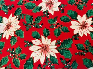 25-5-339 COTTON FABRIC-CHRISTMAS,HOLIDAY-POINSETTIAS & HOLLY ON RED-25 X 44" - Picture 1 of 2
