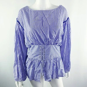 Umgee Blue & White Striped Blouse Top Size S Peasant Pirate Nautical Summer NEW - Picture 1 of 10