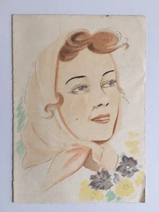 dessin aquarelle original portrait 1943 sur CPA - Imagen 1 de 4