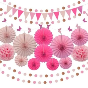 Pink Birthday Party Decorations Hanging Paper Fans Anniversary Decorations Fo... - Picture 1 of 7