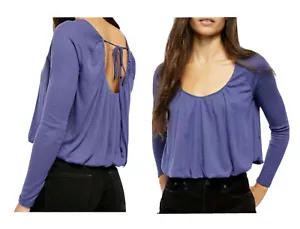 NWT-Free People Bondi Lined Blue Balloon Hem Long Slv Thermal Crop Top Size S - Picture 1 of 12
