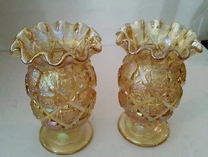 PAAR WESTMORELAND ALTE QUILT KARNEVAL GLASVASE MIT FUSS 7" hoch signiert - Bild 1 von 5