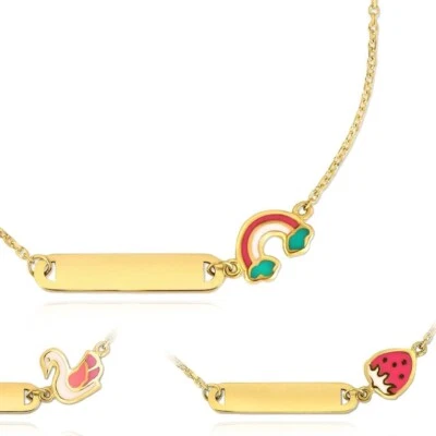 Kids 14K Gold Rainbow Swan/Strawberry Engr ID Bracelet Solid Links 4.75-5.5" - Image 1 of 4