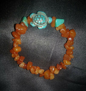 Carnelian Chip Stretchy Bracelet with Turquoise Turtle, Blessed, Magical, Reiki!