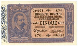 5 LIRE BIGLIETTO DI STATO EFFIGE UMBERTO I 25/10/1892 qSPL - Picture 1 of 6