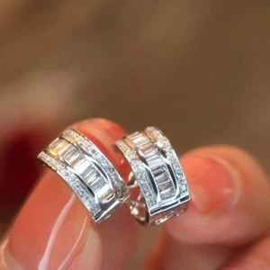 Baguette Cut Simulated Diamond Clip On Hoop Earrings In 14k White Gold Plated - Picture 1 of 5