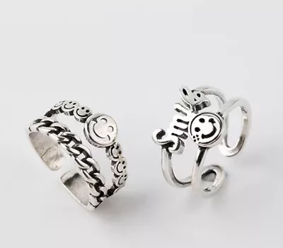Vintage 925 Sterling Silver Smiley Face Ring Set - 2PC Set - Image 1 of 3