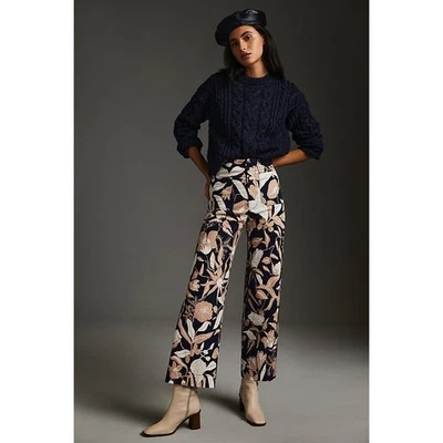 Anthropologie Jo Faulkner Colette Pants Blue Tan Floral Cropped Wide-Leg Size 30 - Image 1 of 4