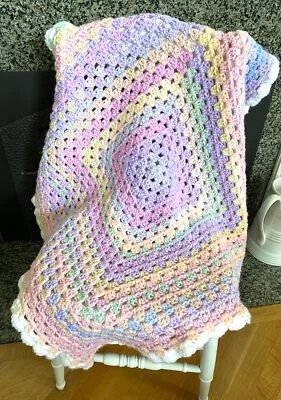Crochet Granny Square Blanket Afghan Wrap Chunky Baby Pink Purple Multi 33x33" - Image 1 of 3