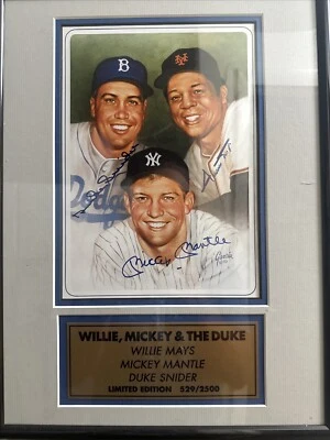 Mickey Mantle Willie Mays Duke Snider Signed Framed Litho Photo Auto Yankees JSA - Image 1 of 4