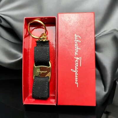 Salvatore Ferragamo Vara Bow Black & Gold Keychain Keyring - Image 1 of 4