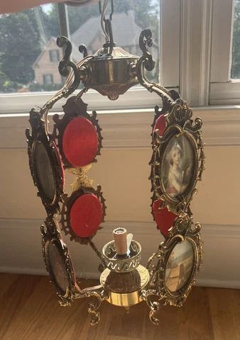 French Vtg Lantern Heavy Brass Pendant Ceiling Light Fixture Victorian Ornate Cover