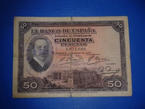 SPAIN P80a BILLETE 50 PESETAS REPUBLICA 1927 CIRCULADO CON RESELLO SIN SERIE - Imagen 1 de 2