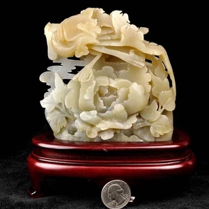 Natural Fine Nephrite Jade Bird Flower Statue Phoenix Peony Carving Sculpture - Foto 1 di 10