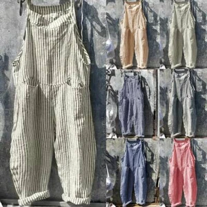 Womens Cotton Linen Dungarees Jumpsuits Trousers Ladies Playsuit Long Pants - Picture 1 of 17