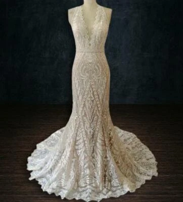 Mermaid Wedding Dress with Deep Neckline Halter Geometric Lace Beading Details - Image 1 of 4