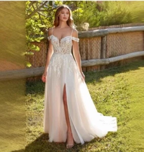 Boho Sweetheart Strapless Appliqué Lace High Slit Bridal Gown Wedding Dress - Picture 1 of 8